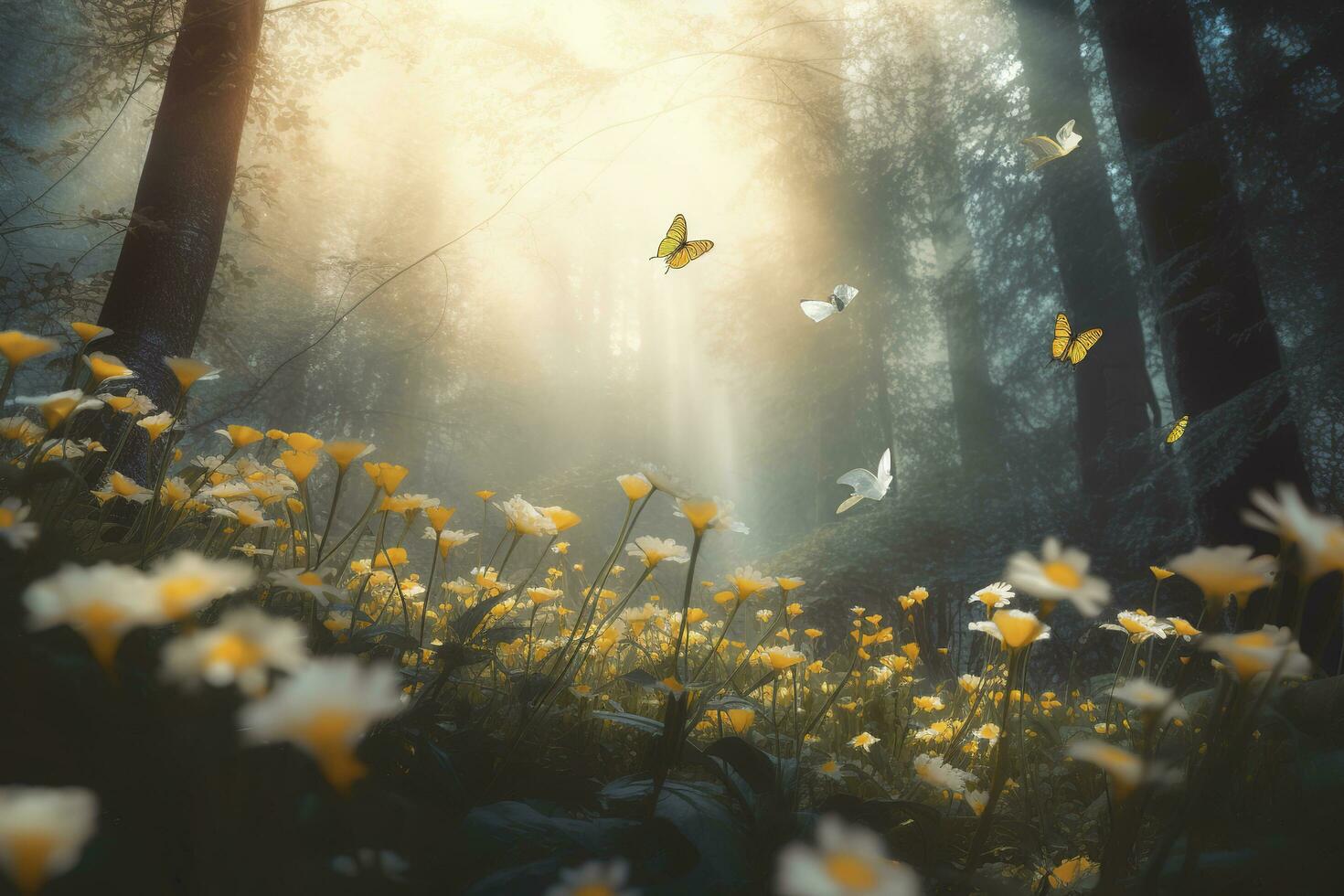 abstract nature spring Background. spring flower and butterfly, generate ai photo