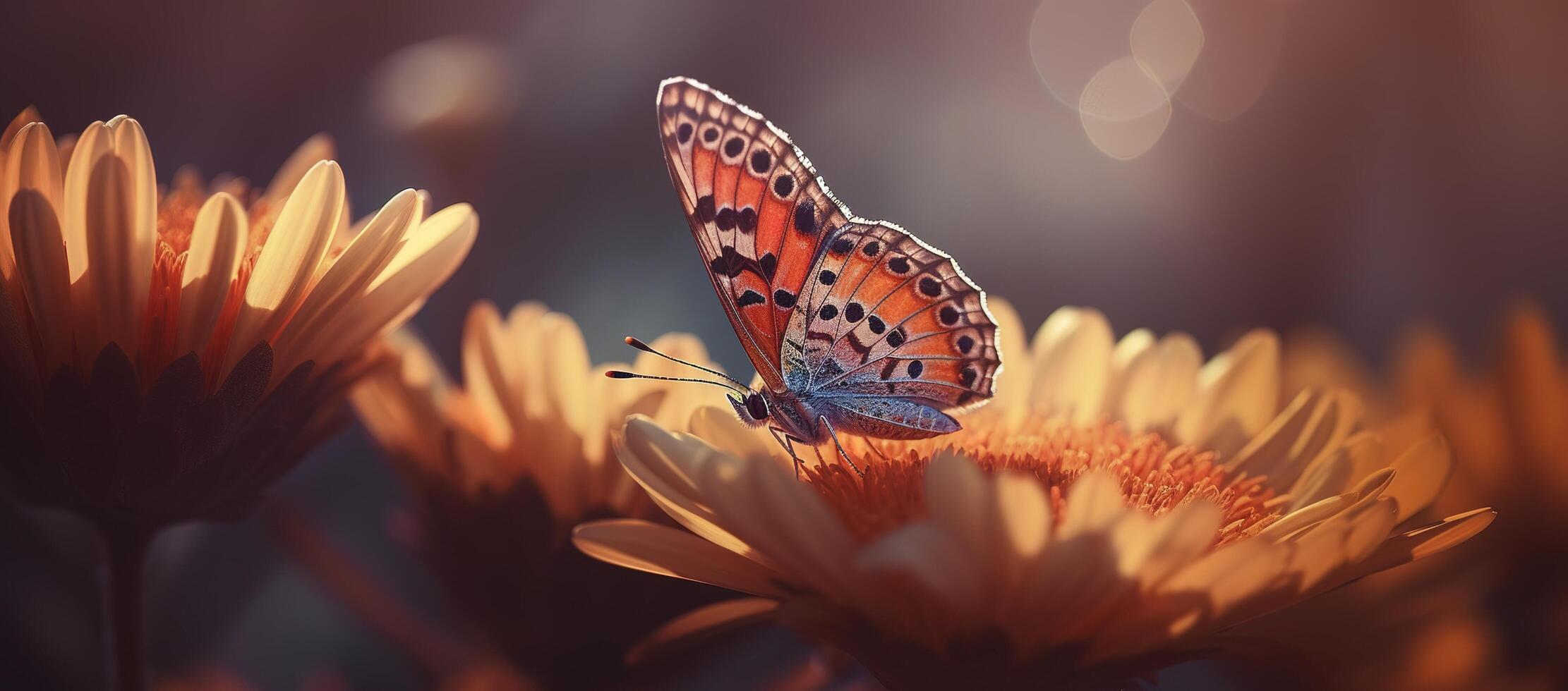 Field of daisies in golden rays of the setting sun in spring summer nature with an orange butterfly outdoors, photo