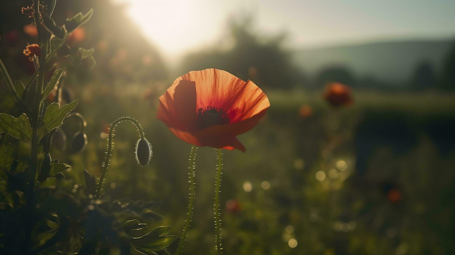 un maravilloso foto capturas el dorado hora en un campo de radiante rojo amapolas, simbolizando el belleza, resiliencia, y fuerza de naturaleza, generar ai