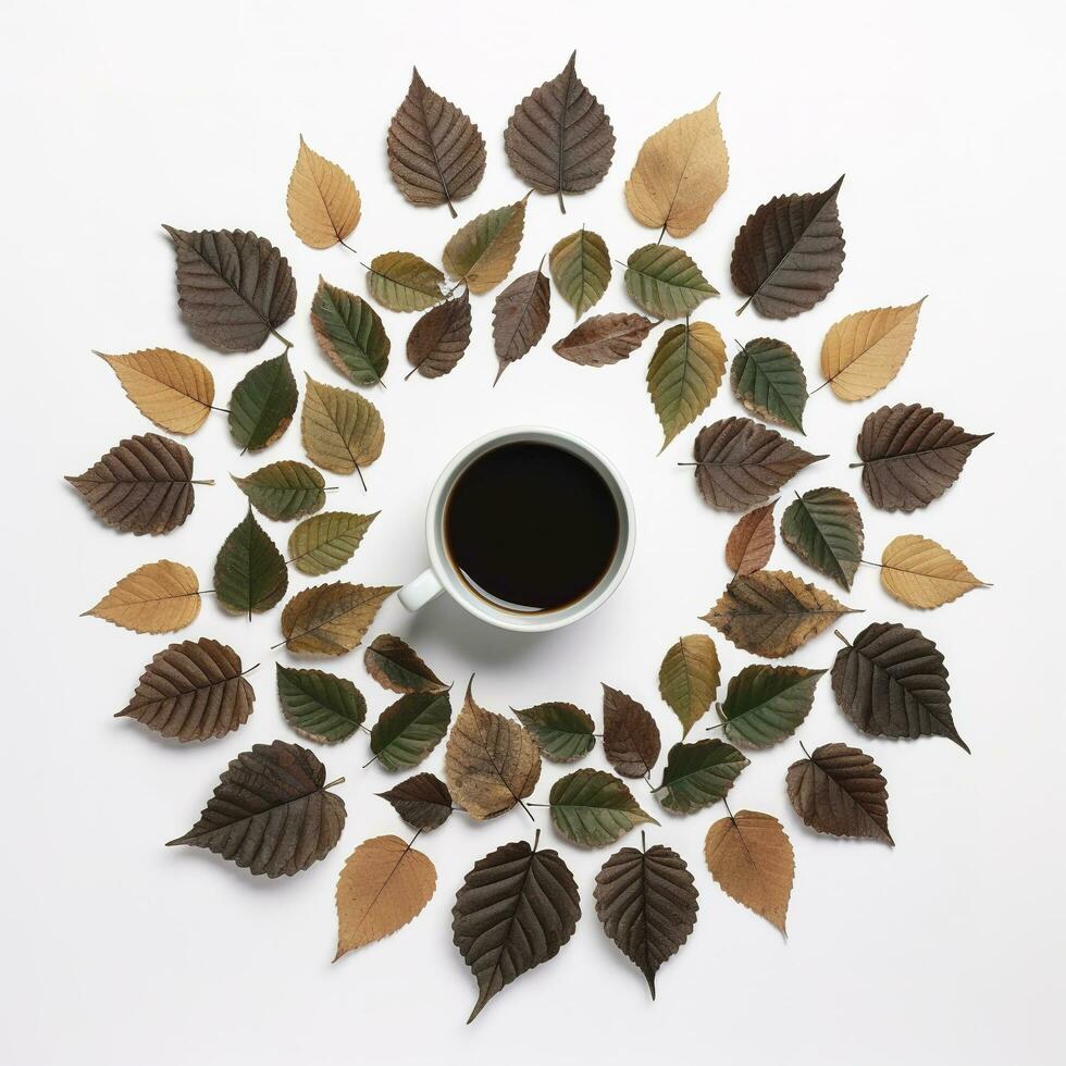 Directly Above Shot Of Leaves Arranged By Coffee Cup On White Background, generate ai photo