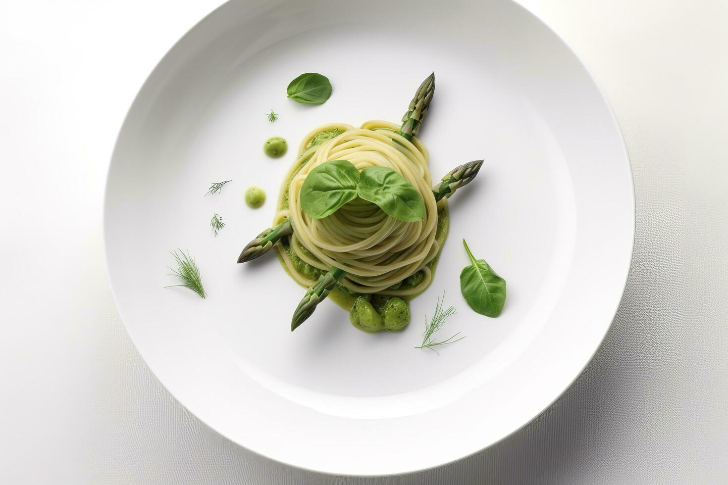 Traditional Italian spaghetti with asparagus in a herb sauce served as a top view on a Nordic design plate, generate ai photo