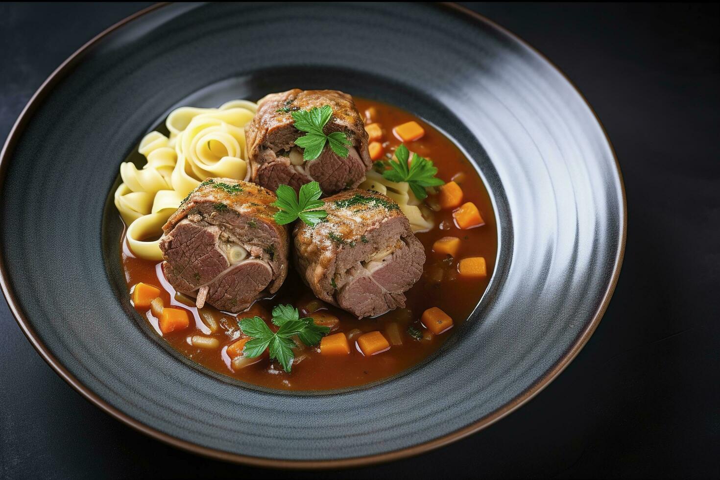 Traditional slow cooked German Wagyu beef roulades with gnocchetti sardi noodles in a spicy gravy as a top view on a Nordic design plate with copy space on the right, generate ai photo