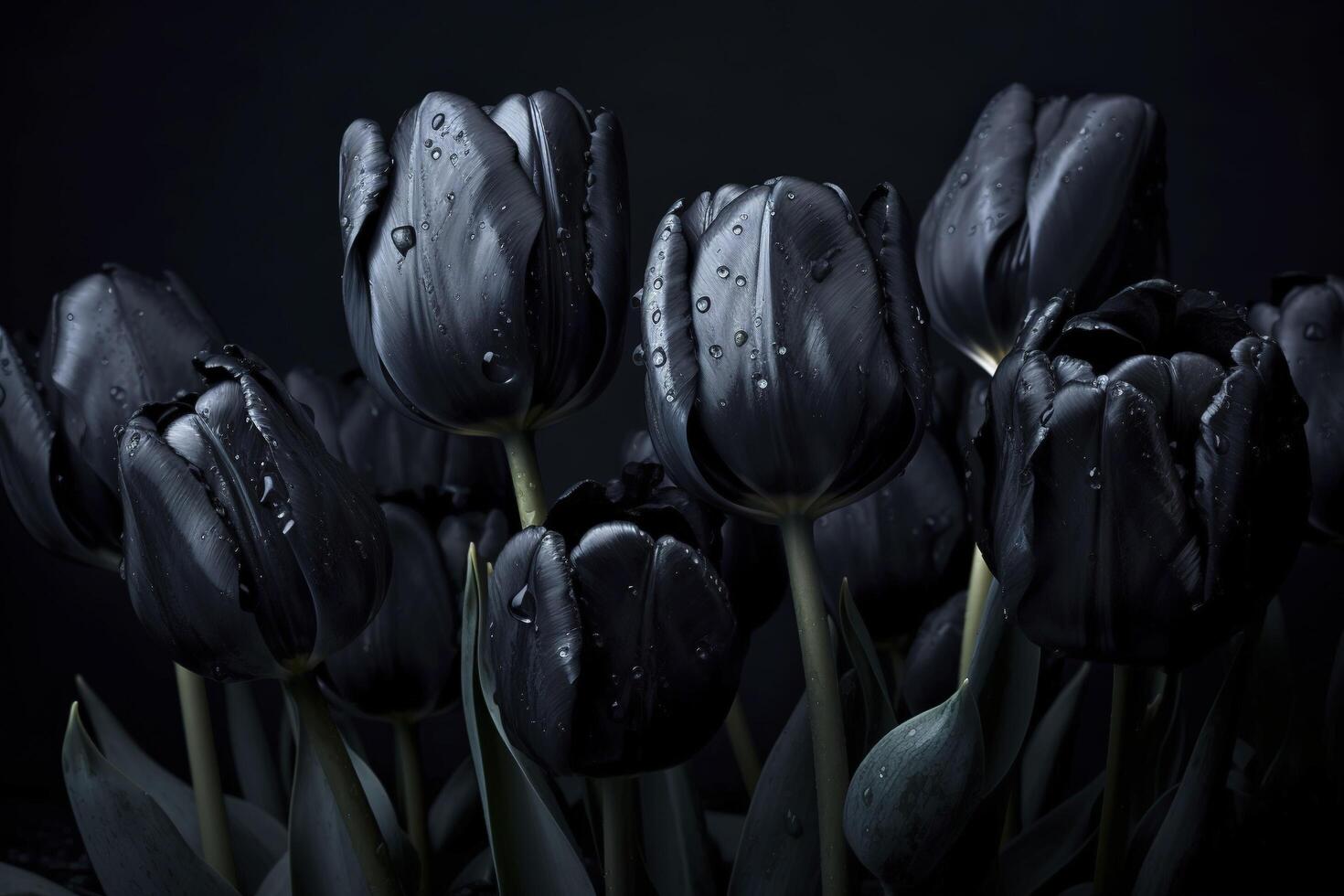 negro tulipanes en negro antecedentes. minimalista contemporáneo manojo de elegante primavera flores ai generado imagen. foto