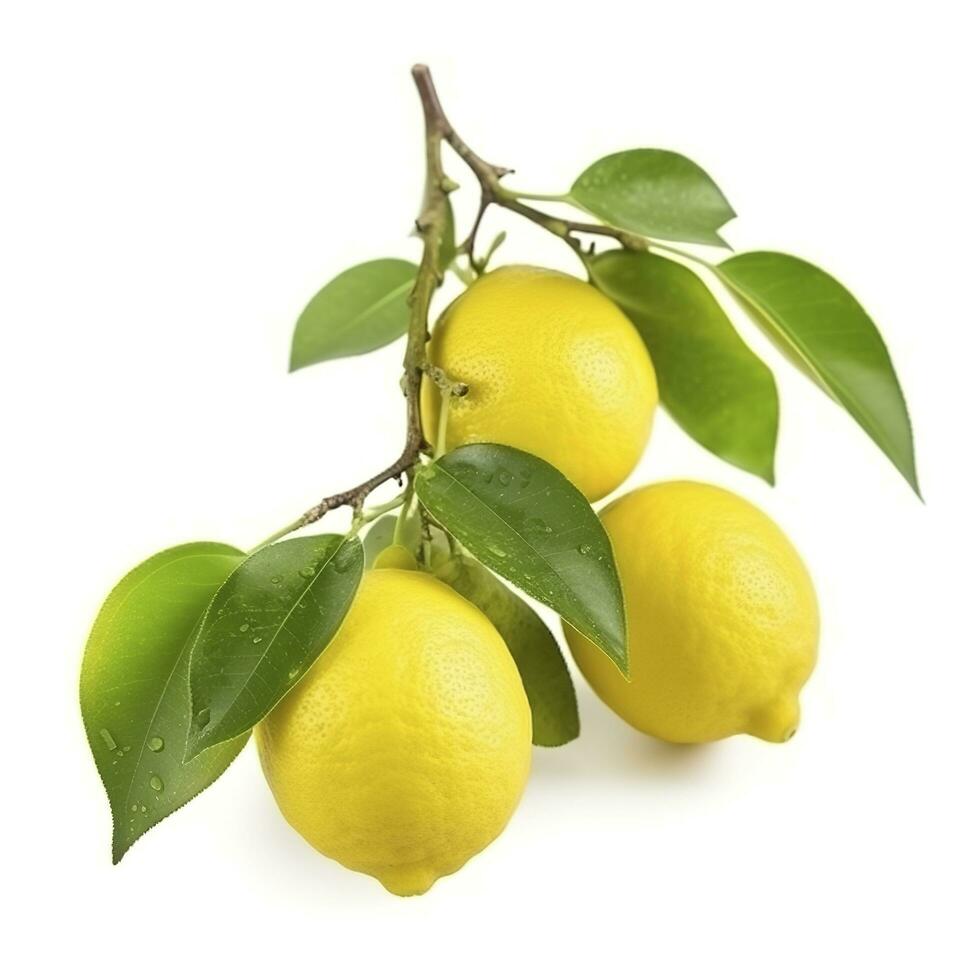 Branch of juicy lemons with leaves isolated on white background, generate ai photo