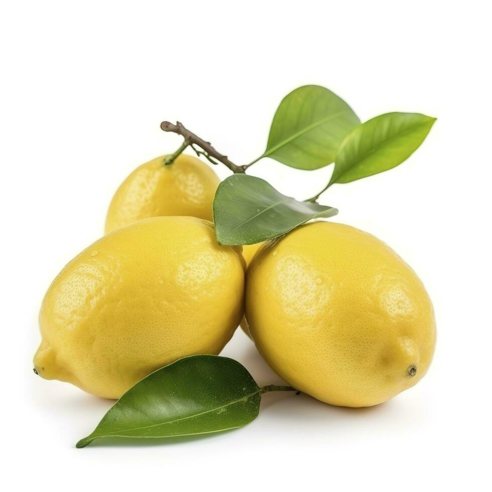 Branch of juicy lemons with leaves isolated on white background, generate ai photo