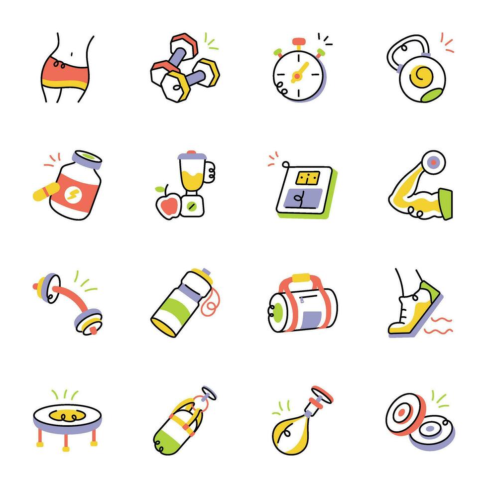 Set of Gym Accessories Sketchy Icons vector