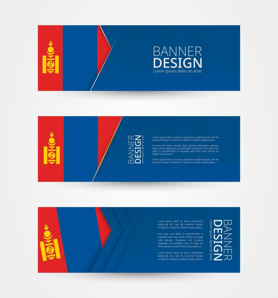 conjunto de Tres horizontal pancartas con bandera de Mongolia. web bandera diseño modelo en color de Mongolia bandera. vector