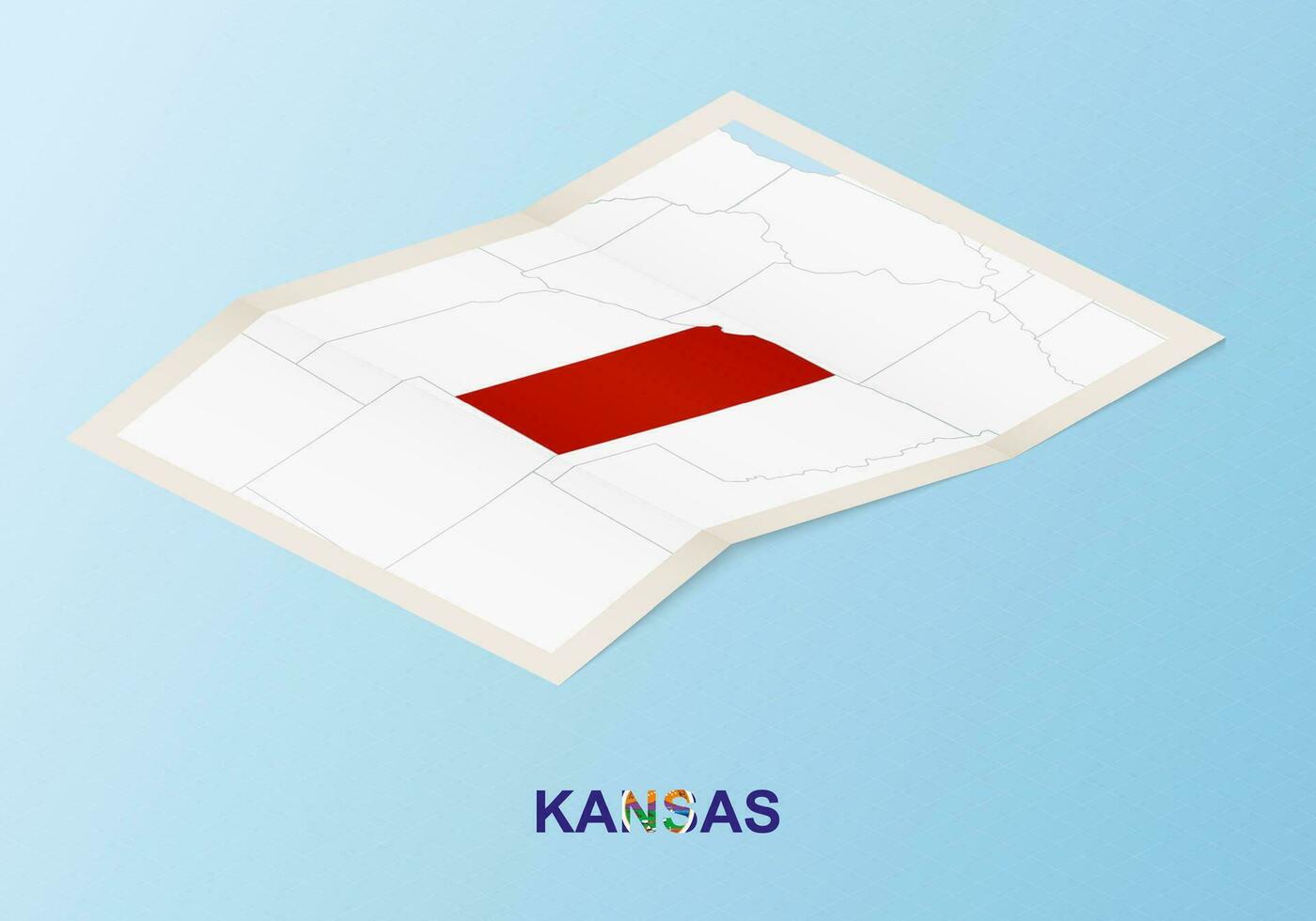 Folded paper map of Kansas with neighboring countries in isometric style. vector