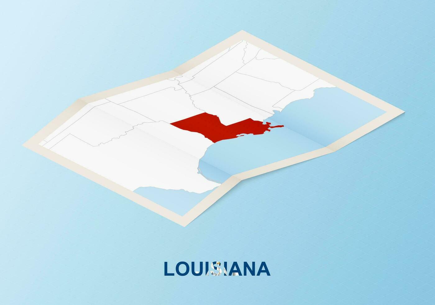 Folded paper map of Louisiana with neighboring countries in isometric style. vector