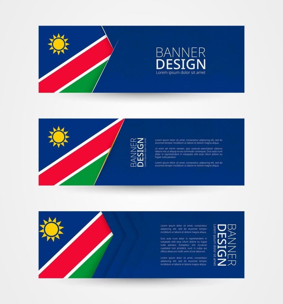 Set of three horizontal banners with flag of Namibia. Web banner design template in color of Namibia flag. vector