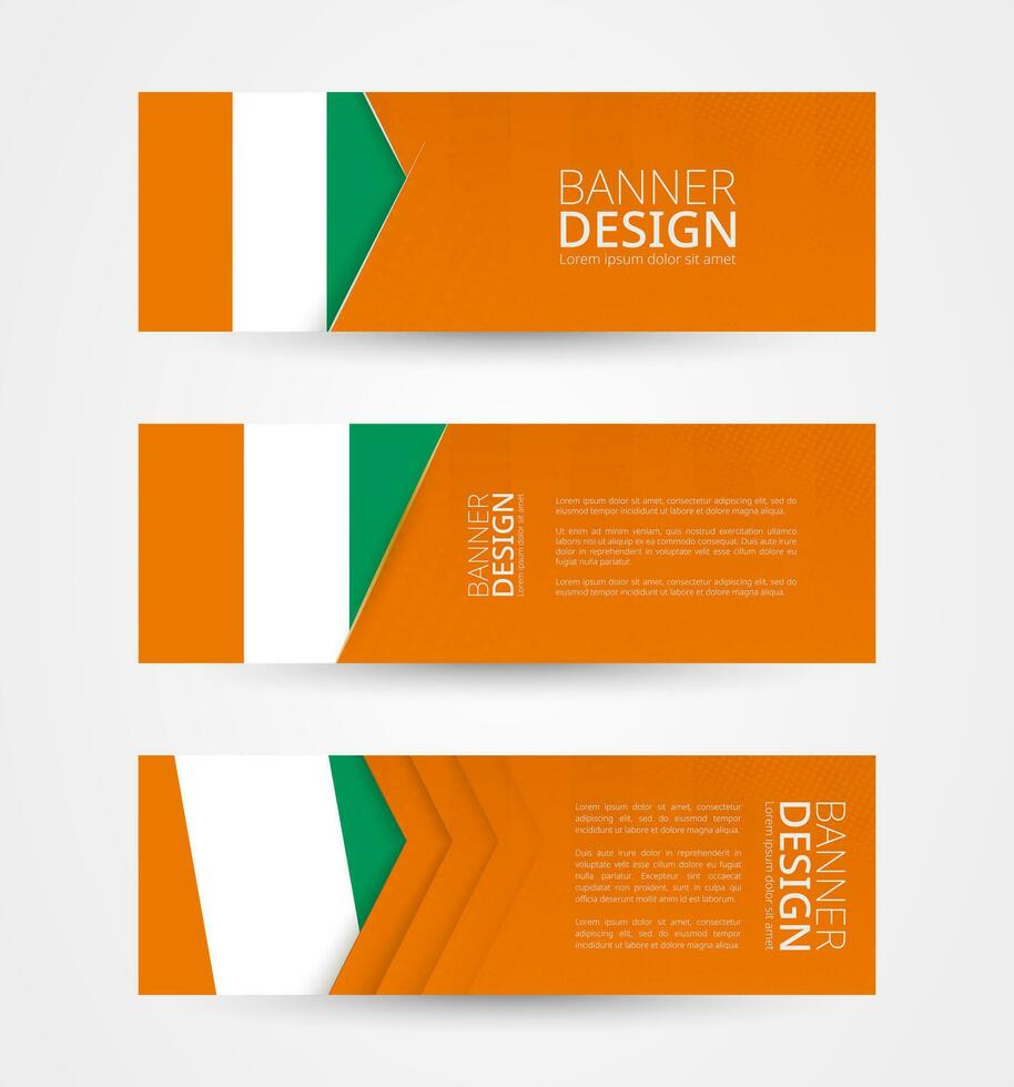 Set of three horizontal banners with flag of Ivory Coast. Web banner design template in color of Ivory Coast flag. vector