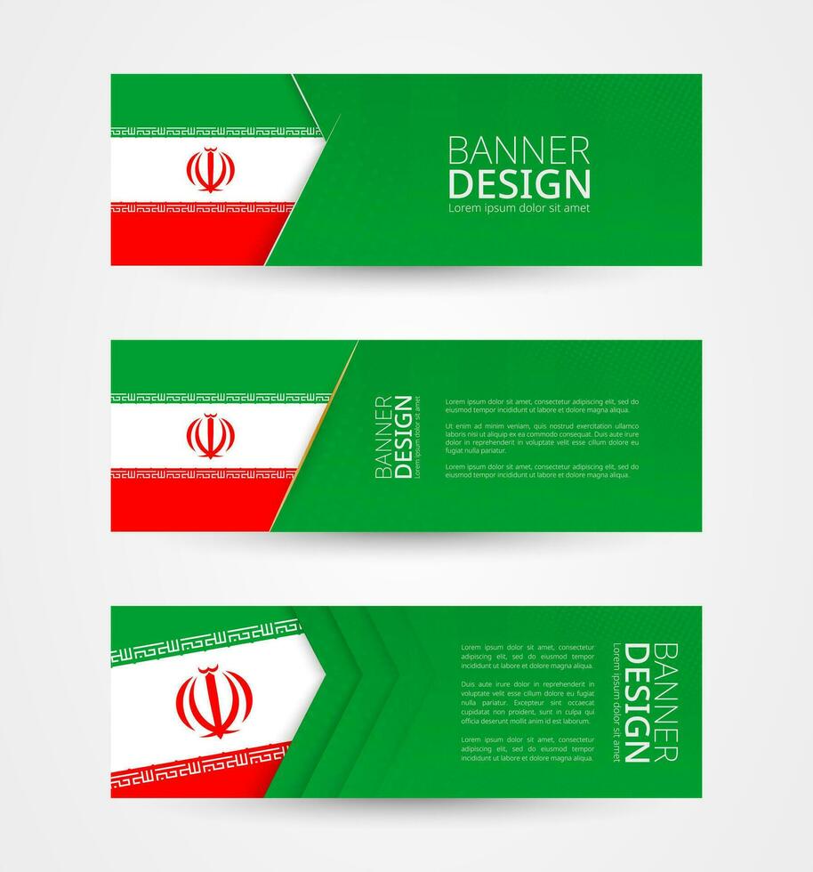 Set of three horizontal banners with flag of Iran. Web banner design template in color of Iran flag. vector