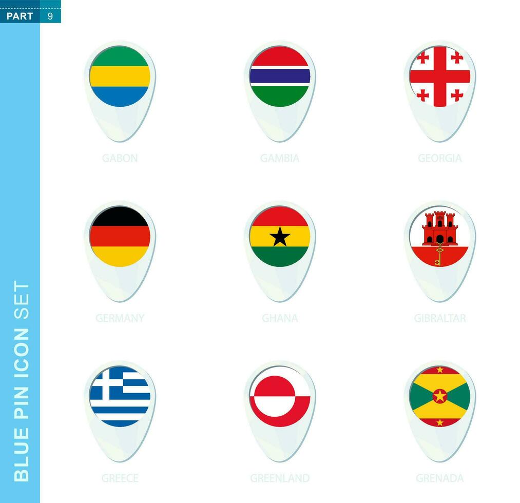 Pin flag set, map location icon in blue colors vector