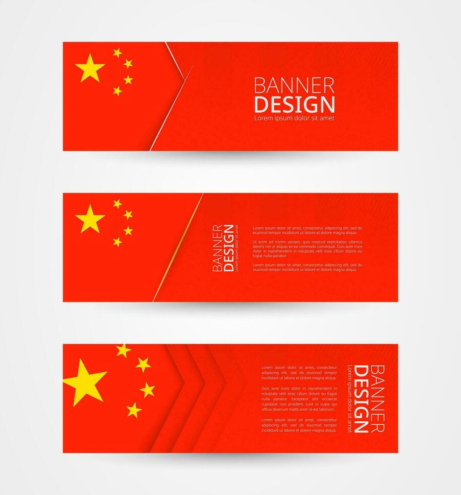 Set of three horizontal banners with flag of China. Web banner design template in color of China flag. vector