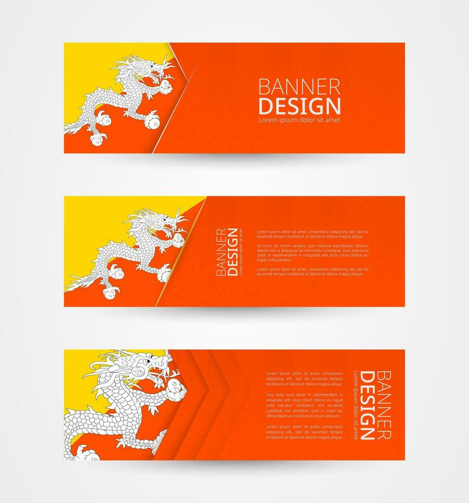 Set of three horizontal banners with flag of Bhutan. Web banner design template in color of Bhutan flag. vector