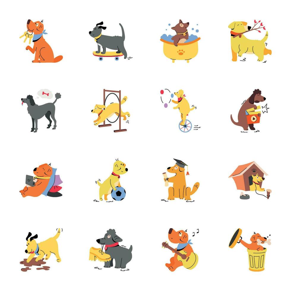 Cute Collection of Dogs Flat Illustrations vector