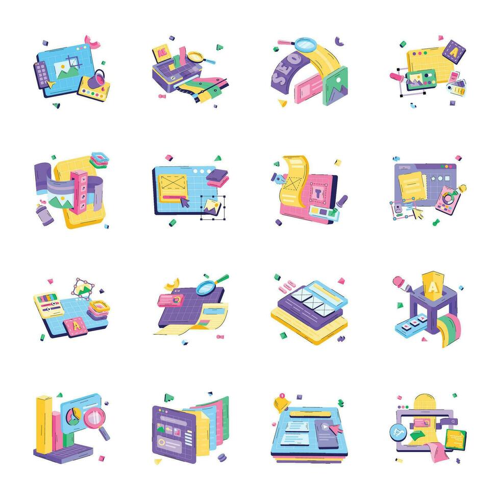 Bundle of Designing Tools and SEO Flat Illustrations vector