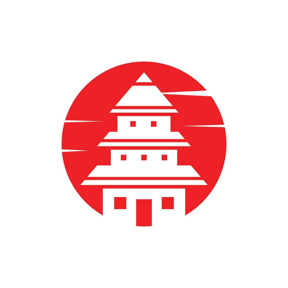 Pagoda Tower Temple With red moon vector design template, japan red moon and castle