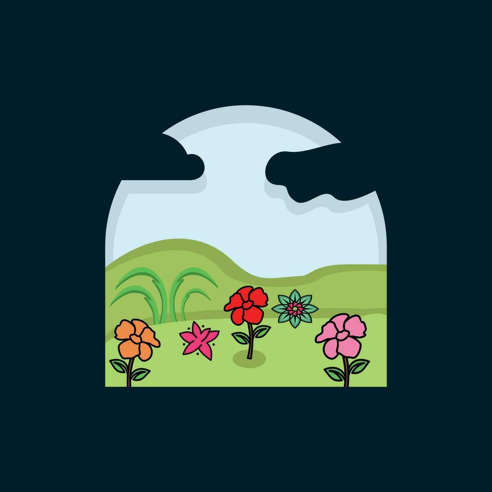 Spring Nature landscape vector illustration, Beautiful Garden with Flowers, Tree and Green Grass in Flat Design Style