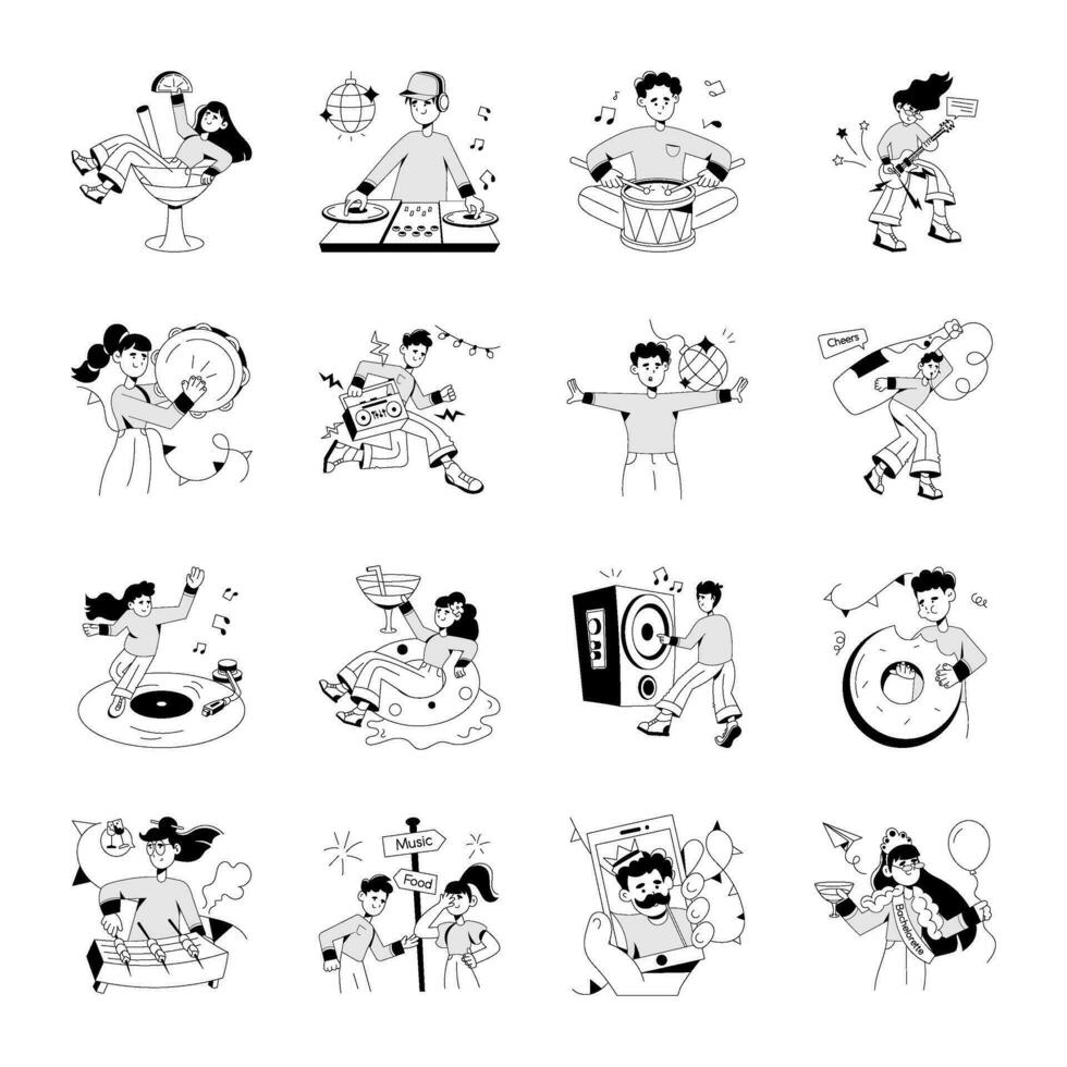 Pack of Party Enjoyment Drawing Illustrations vector