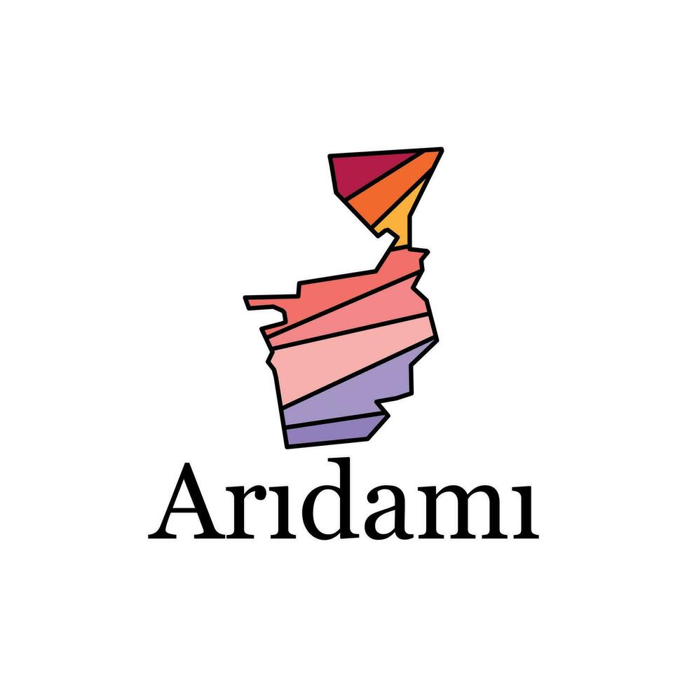 map of Aridami with named regions and travel icons, illustration design template vector