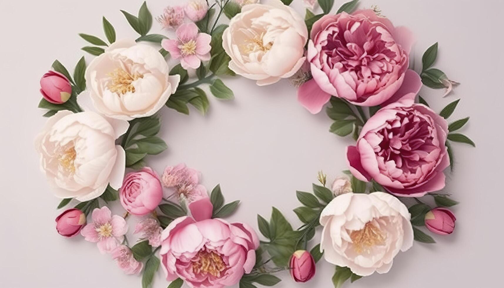 Wreath made of flowers. Floral round frame, wreath made of peonies flower buds and green leaves, botanical design, flat lay, top view, free space for text. image photo
