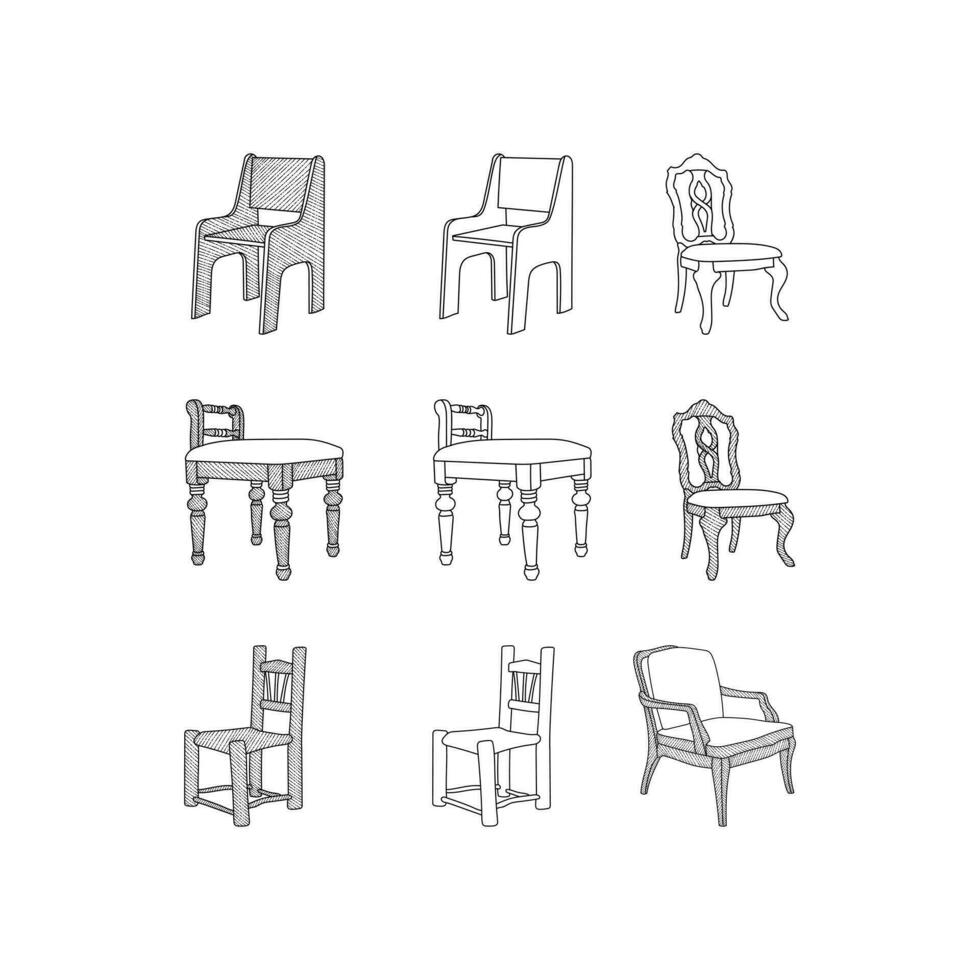 conjunto de silla línea Arte creativo muebles, resumen vector y logo diseño o modelo negocio interior propiedad icono