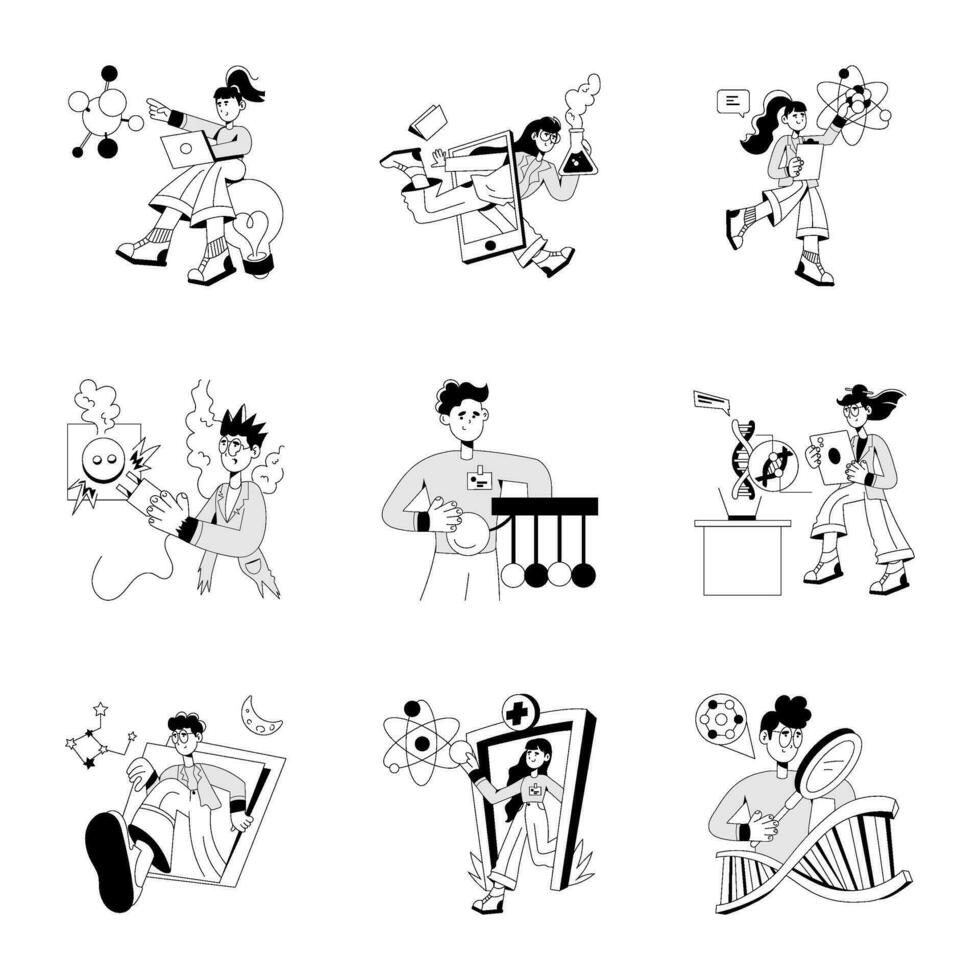 Collection of Scientist Experiments Hand Drawn Illustrations vector