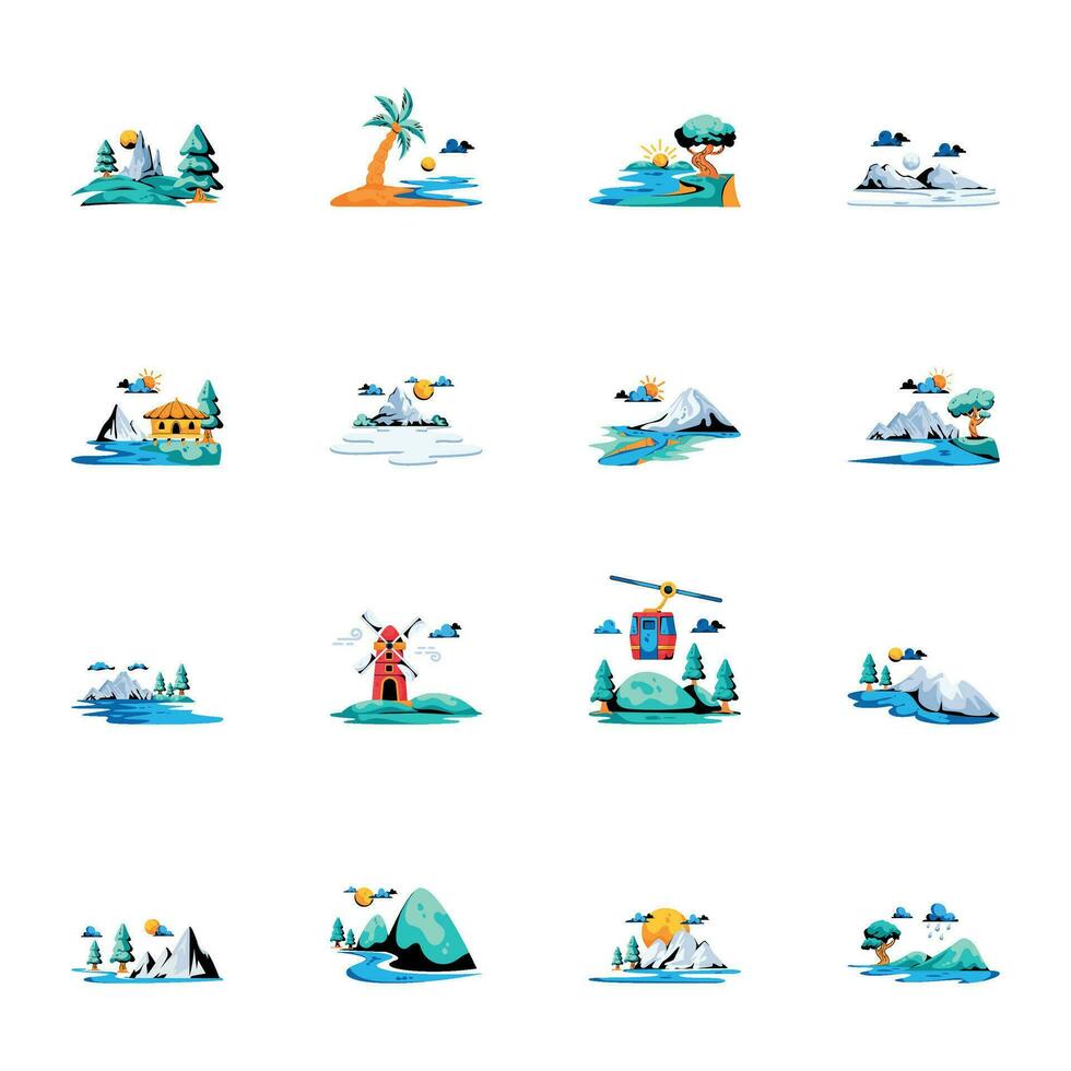 Bundle of Nature Landscapes Flat Icons vector