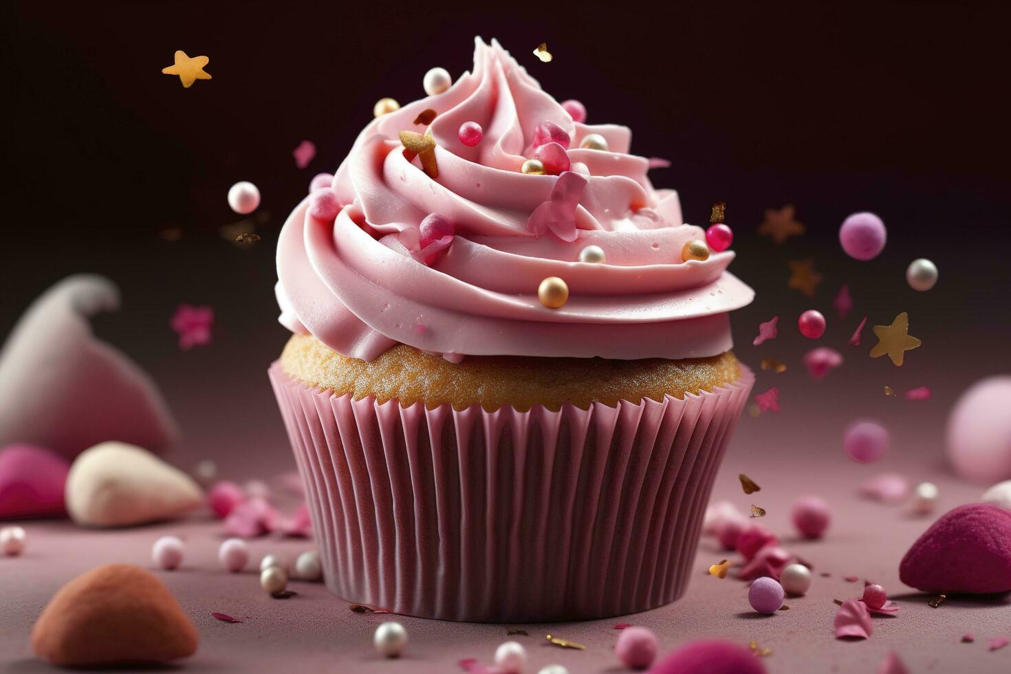 celebracion cumpleaños rosado magdalena con un montón de Formación de hielo y decoraciones, contento cumpleaños fiesta, generar ai foto