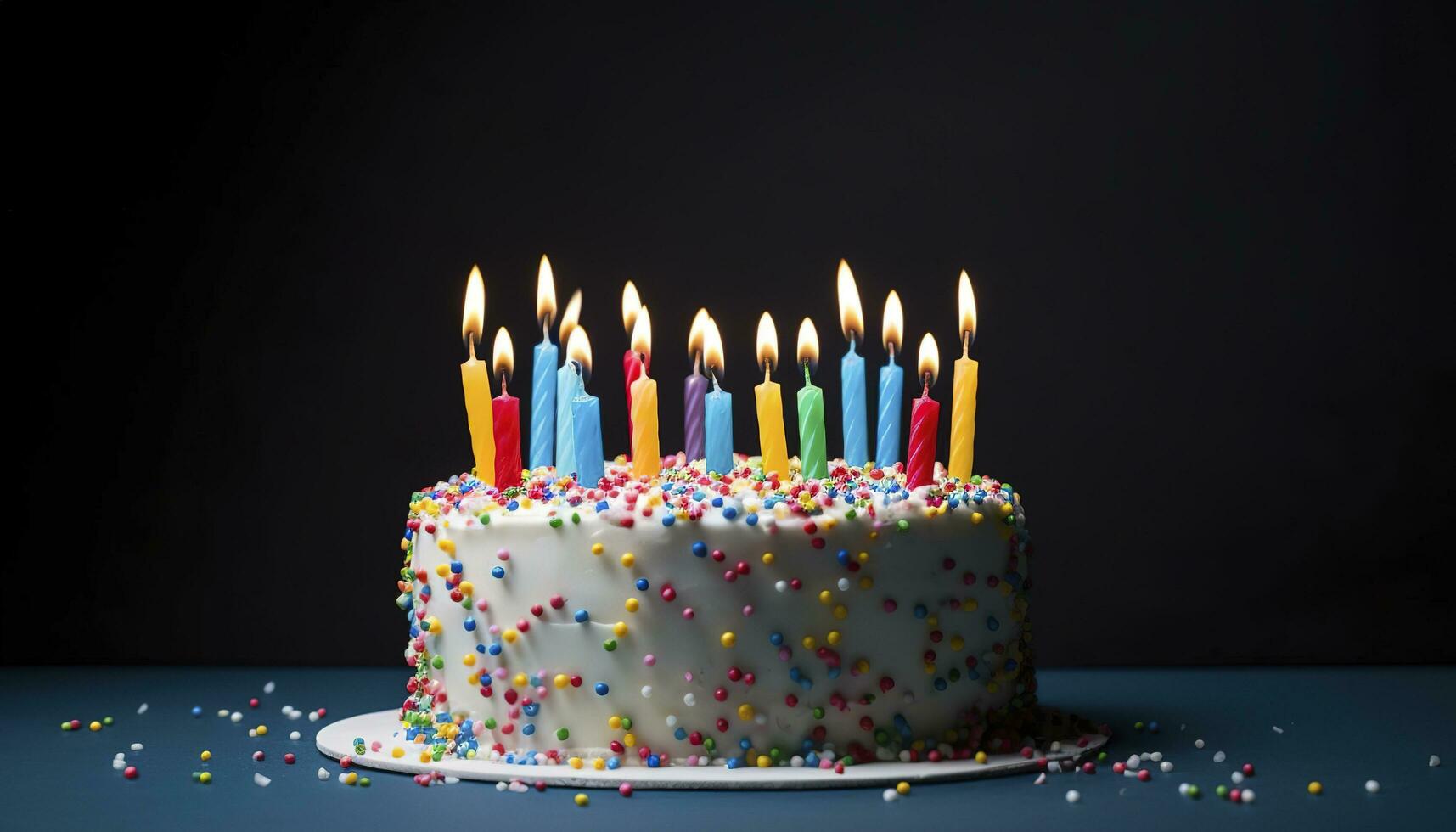 Celebration birthday cake with twenty one colorful birthday candles, generate ai photo