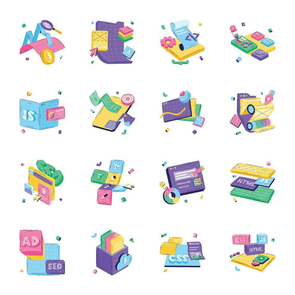 Pack of Designing and SEO Flat Illustrations vector