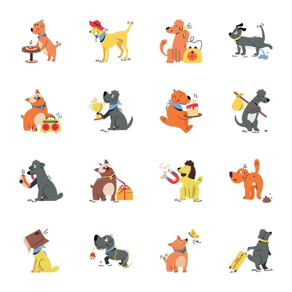 Modern Pack of Puppies Flat Illustrations vector