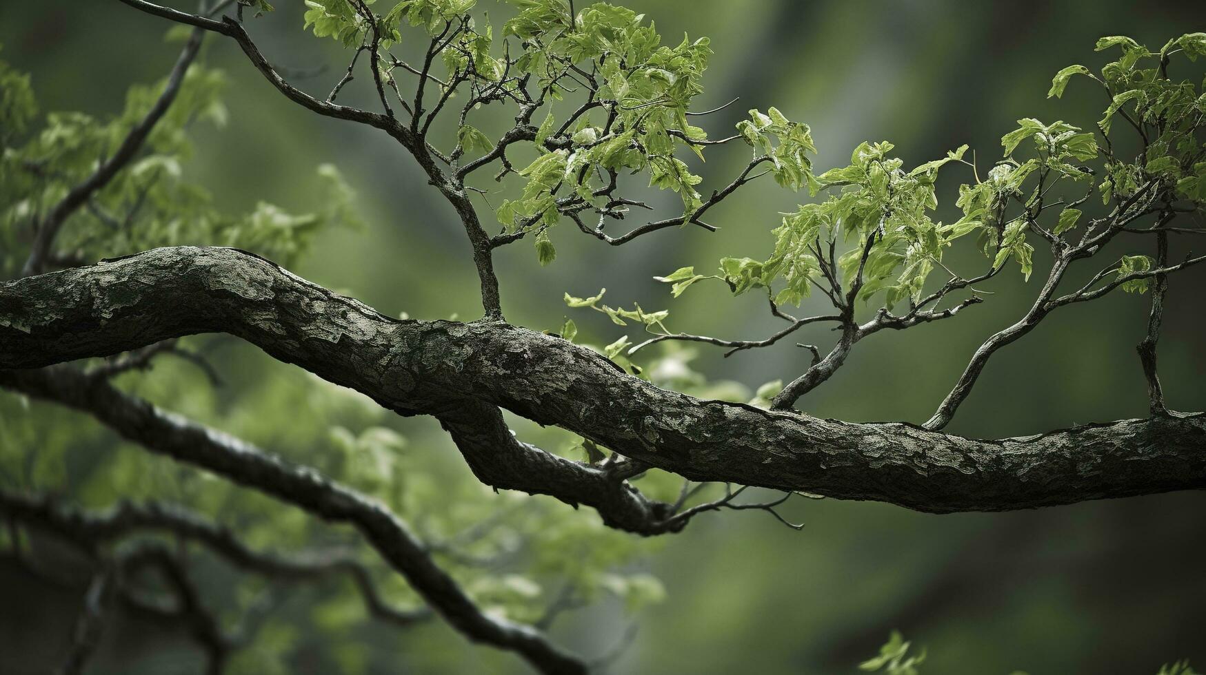 Earth Day and World Environment Day, Spring, Tropical tree leaves and branch with beautiful green forest background, generate ai photo