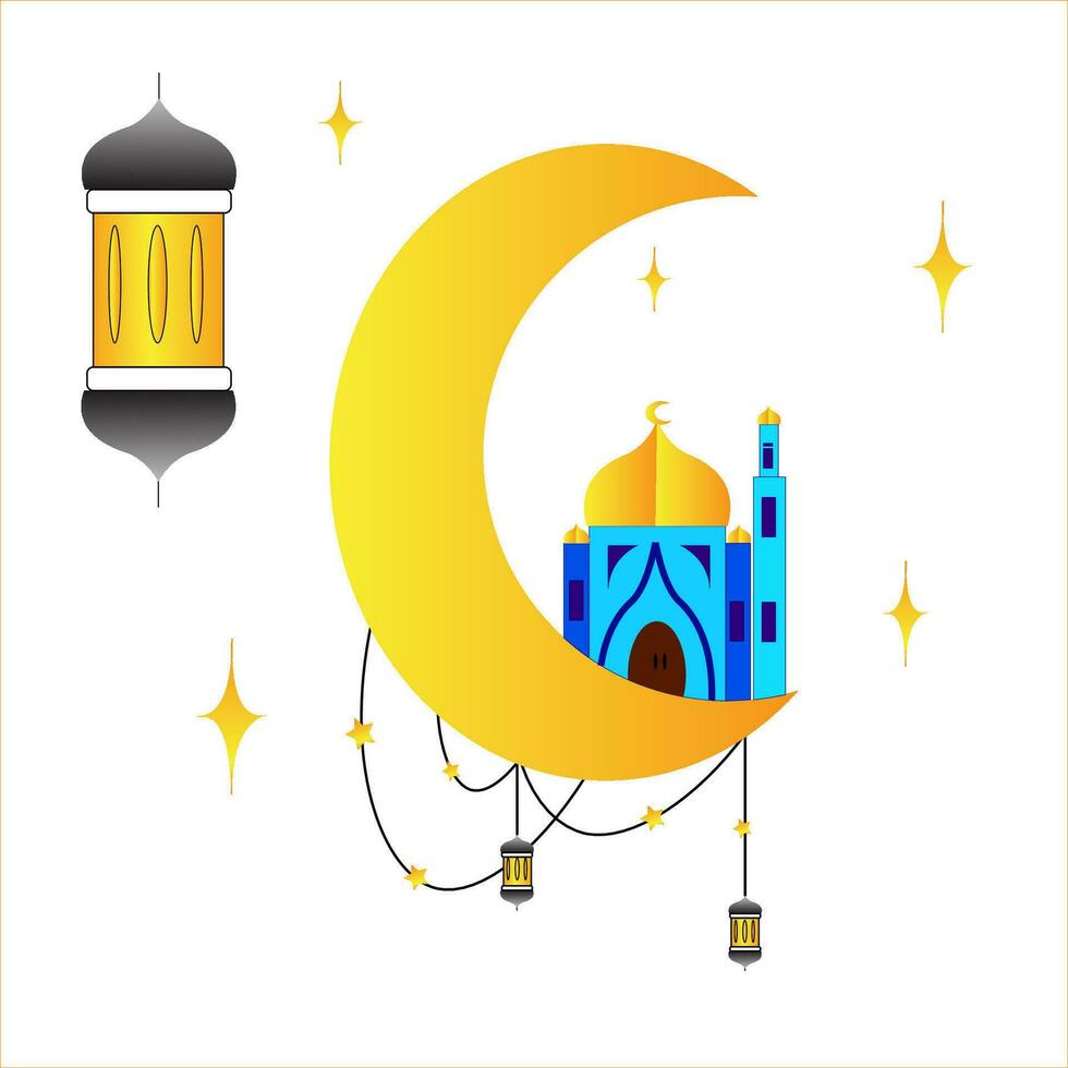 Eid mubarak. Islamic holidays. moon and mosque design with tiny star splashes vector