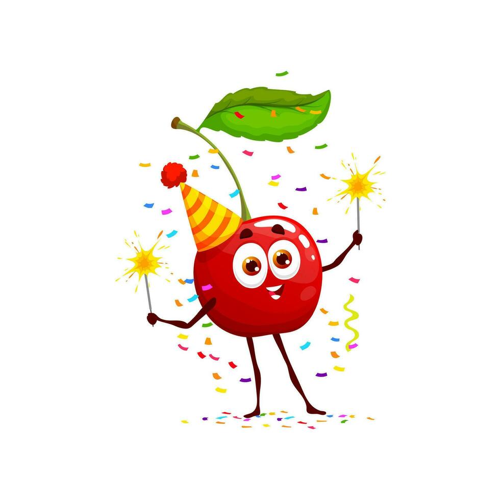 Cartoon cherry berry character, birthday holiday vector