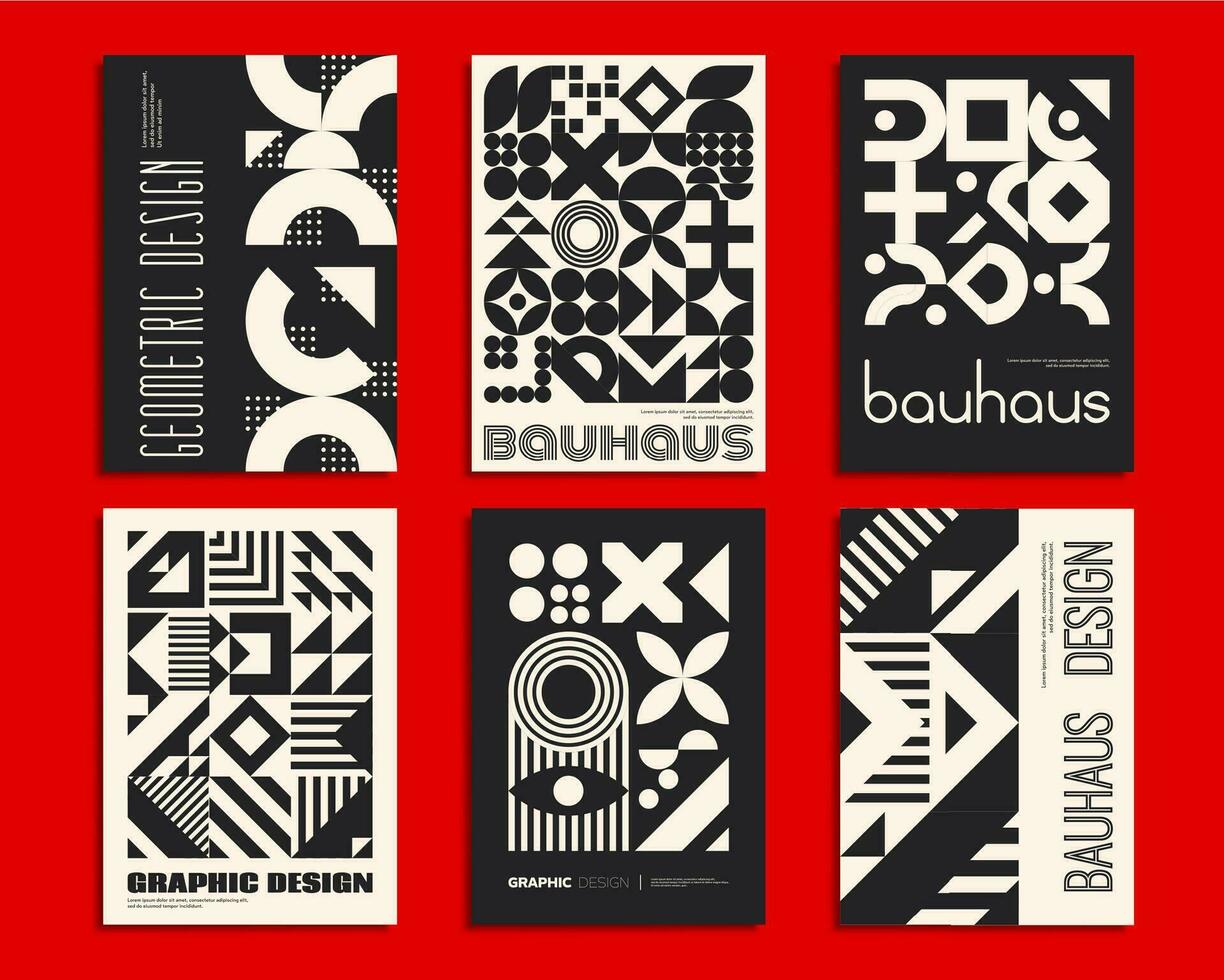 Monochrome Bauhaus posters with geometric patterns vector