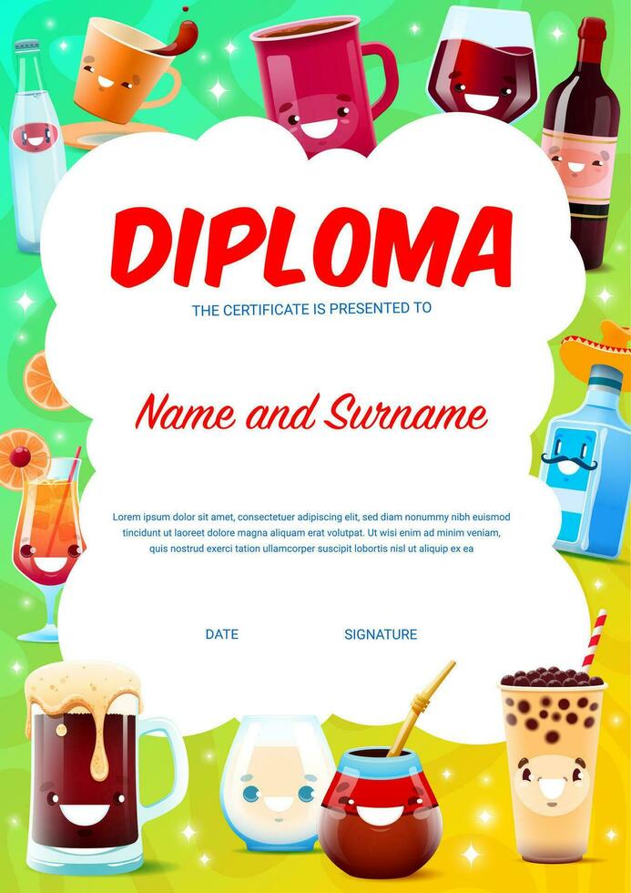 Sommelier or bartender diploma with cartoon drinks vector