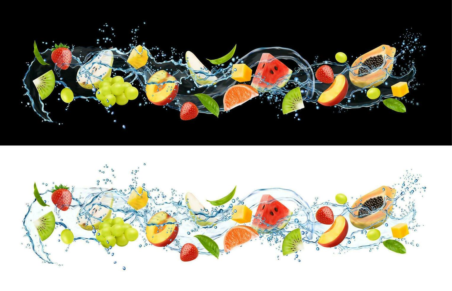 realista agua ola fluir chapoteo con maduro frutas vector