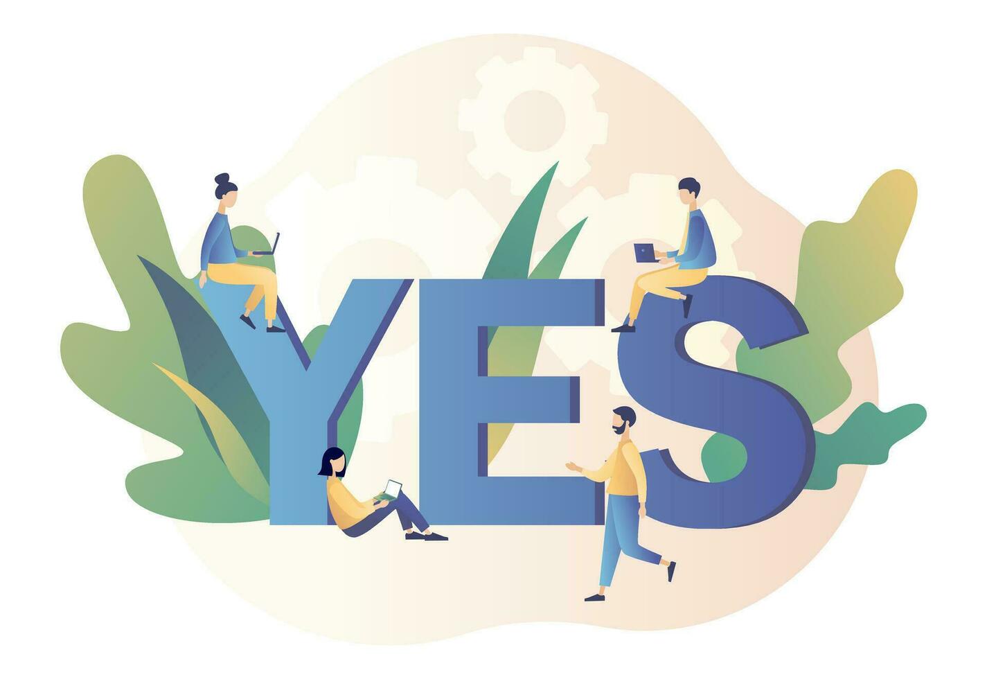 Yes consept. Decision making. Tiny People with uppercase letters. Modern flat cartoon style. Vector illustration