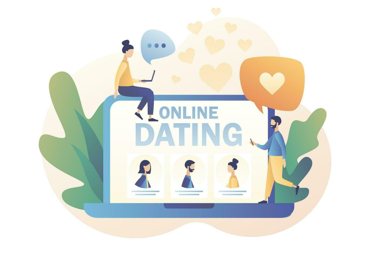 Online dating. Tiny people are looking for couple and chatting on the internet. Virtual relationship. Acquaintance in social network. Modern flat cartoon style. Vector illustration on white background