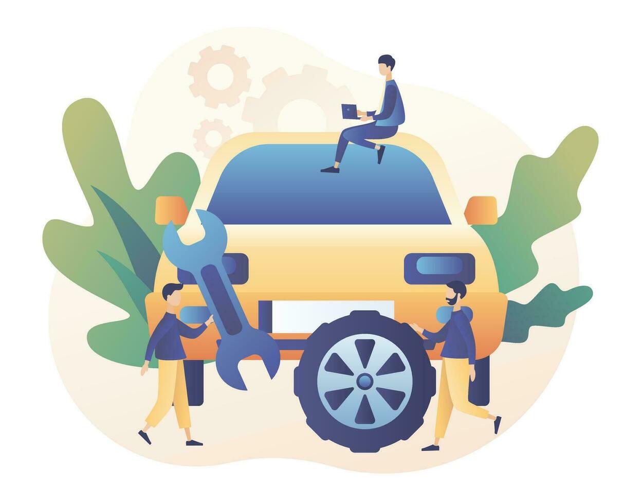 Auto service concept. Car service and repair. Tiny Repairman, Mechanics characters in uniform with tools and tire. Modern flat cartoon style. Vector illustration on white background
