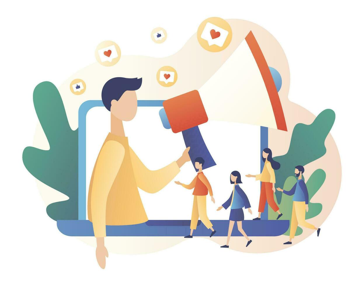 Social media influencer. Key Opinion Leader. Blogger man with megaphone and Tiny people followers. Influencing audiences. SMM. Modern flat cartoon style. Vector illustration on white background