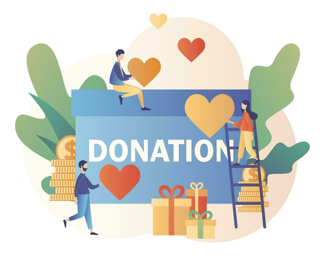 Donation and volunteers work concept. Tiny people help charity and sharing hope. Modern flat cartoon style. Vector illustration