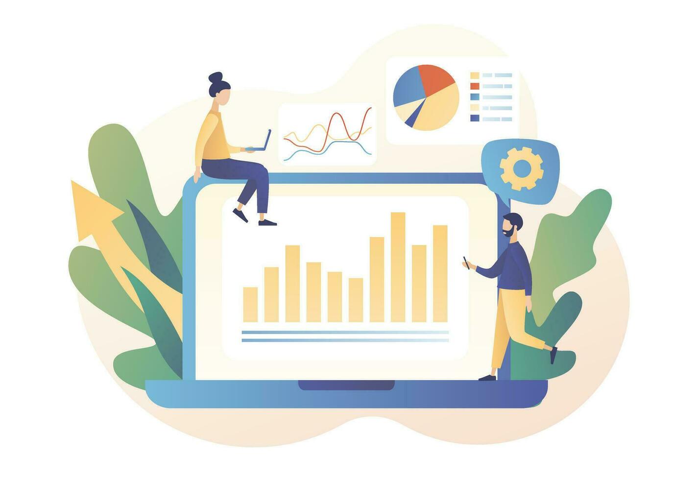 Data analytics consept. Business analysis online. Tiny people are studying the infographic. Modern flat cartoon style. Vector illustration on white background