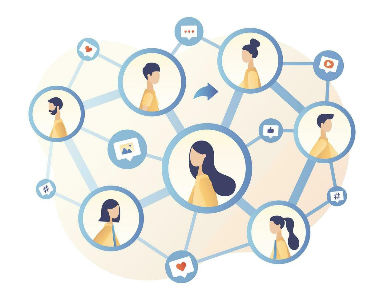 Social Networking. Share concept. Social media. Tiny people communicate sharing data, photos, links, posts and news in social networks. Modern flat cartoon style. Vector illustration