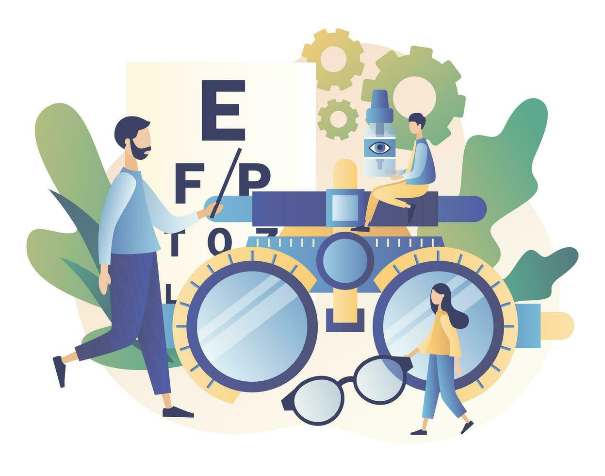 Ophthalmology concept. Eye check up. Ophthalmologist checks patient sight. Modern flat cartoon style. Vector illustration