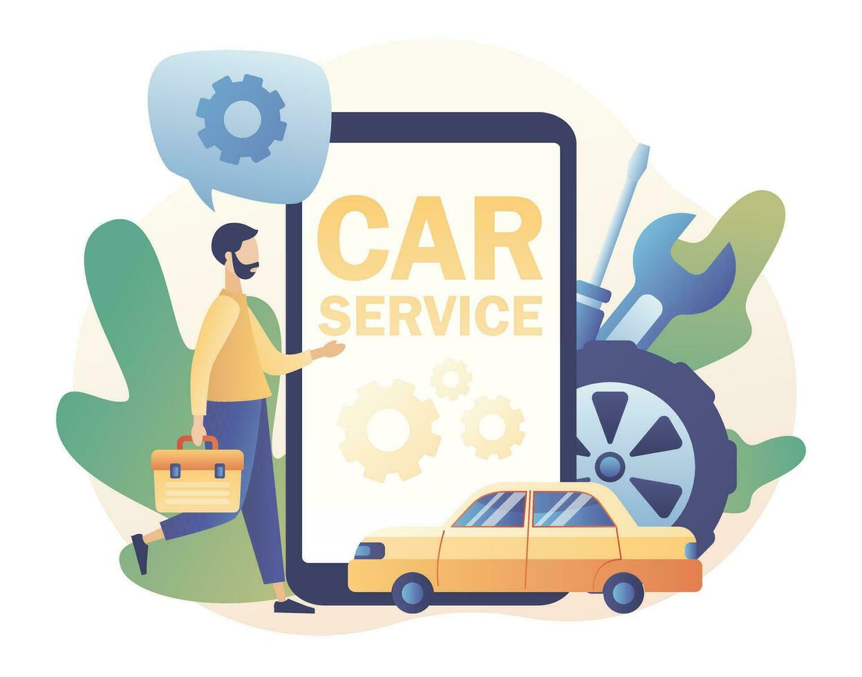 Auto service concept. Car service and repair. Tiny Repairman, Mechanics  characters in uniform with tools and tire. Modern flat cartoon style. Vector  illustration on white background 25440895 Vector Art at Vecteezy