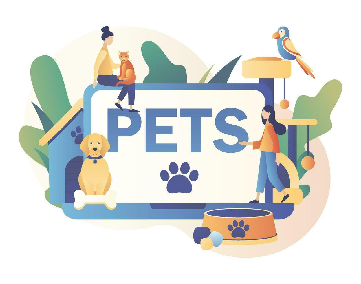 Online pets care services. Tiny people and Pet hotel, daycare, veterinary service. Pet shop. Modern flat cartoon style. Vector illustration on white background