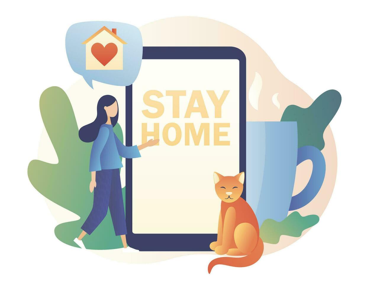 Stay at home. Quarantine and self-isolation concept. Global viral epidemic or pandemic. Tiny girl at house with cat. Modern flat cartoon style. Vector illustration on white background